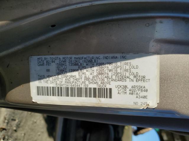 5TBRT34164S447169 - 2004 TOYOTA TUNDRA ACCESS CAB SR5 BEIGE photo 12
