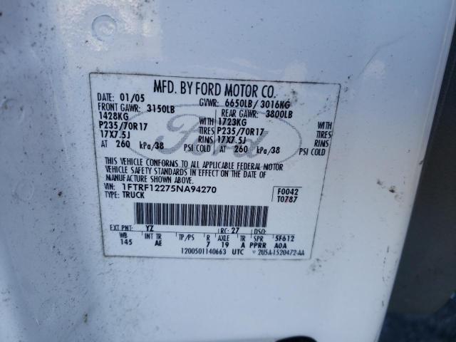 1FTRF12275NA94270 - 2005 FORD F150 WHITE photo 12