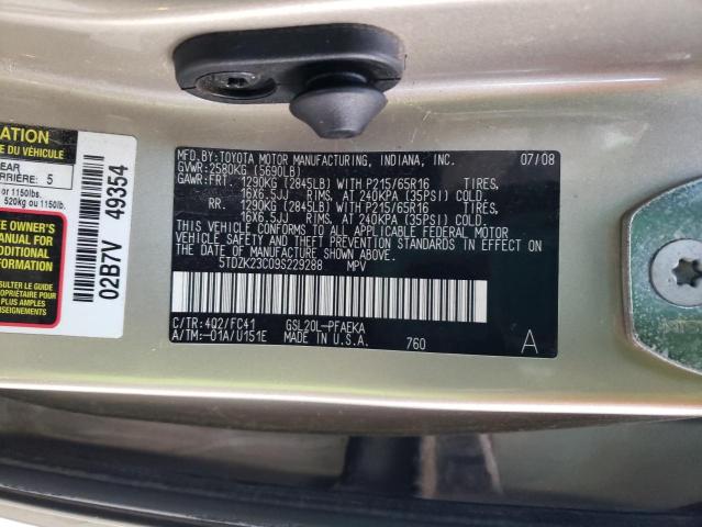 5TDZK23C09S229288 - 2009 TOYOTA SIENNA CE GOLD photo 13