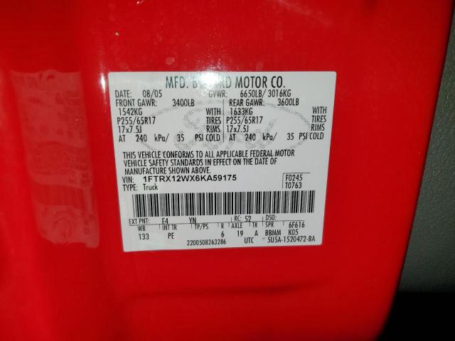 1FTRX12WX6KA59175 - 2006 FORD F150 RED photo 12