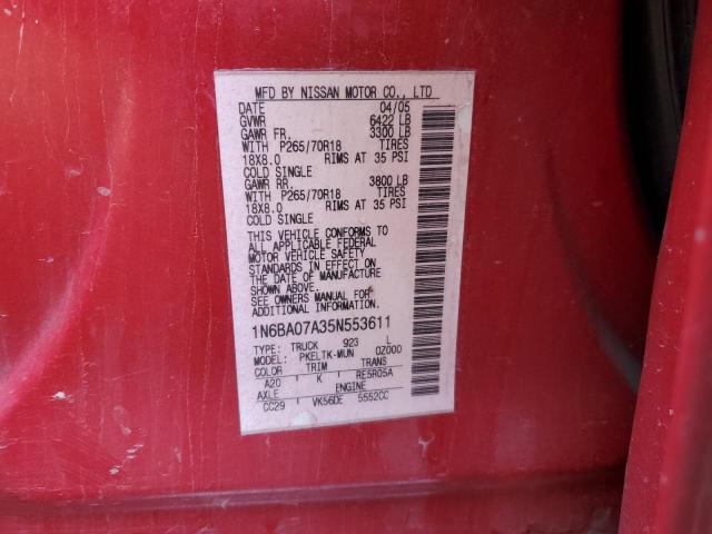 1N6BA07A35N553611 - 2005 NISSAN TITAN XE RED photo 13