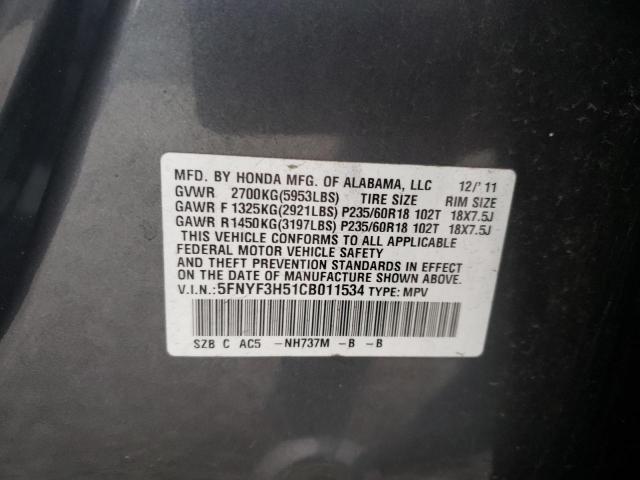 5FNYF3H51CB011534 - 2012 HONDA PILOT EXL CHARCOAL photo 13