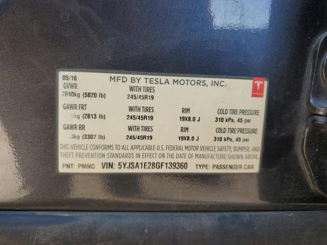 5YJSA1E28GF139360 - 2016 TESLA MODEL S CHARCOAL photo 12