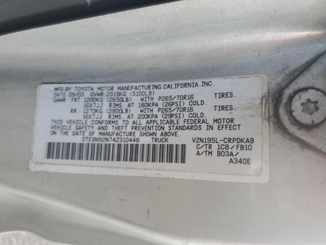 5TESN92N74Z310448 - 2004 TOYOTA TACOMA XTRACAB PRERUNNER ვერცხლისფერი ფოტო 12