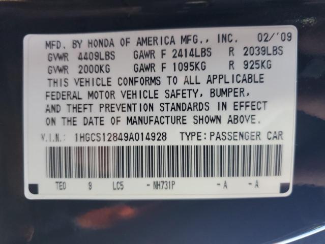 1HGCS12849A014928 - 2009 HONDA ACCORD EXL BLACK photo 12