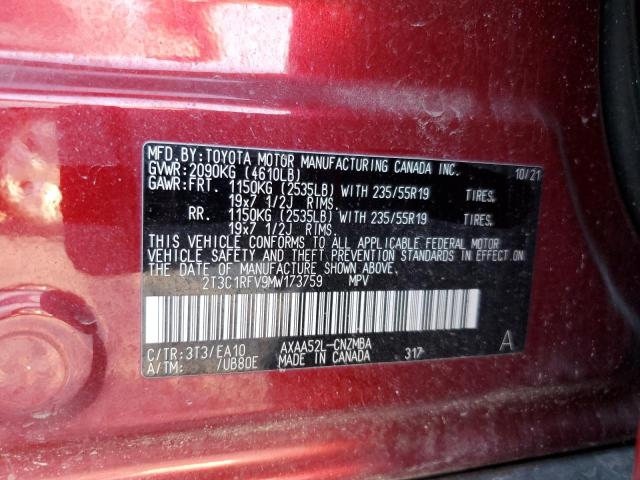 2T3C1RFV9MW173759 - 2021 TOYOTA RAV4 XLE PREMIUM RED photo 12