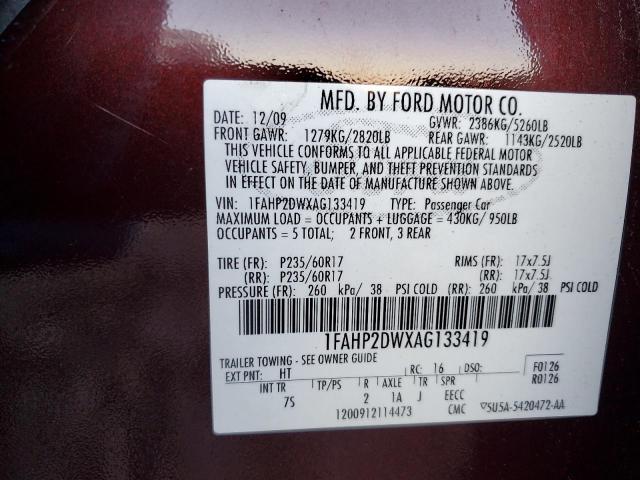 1FAHP2DWXAG133419 - 2010 FORD TAURUS SE BURGUNDY photo 12