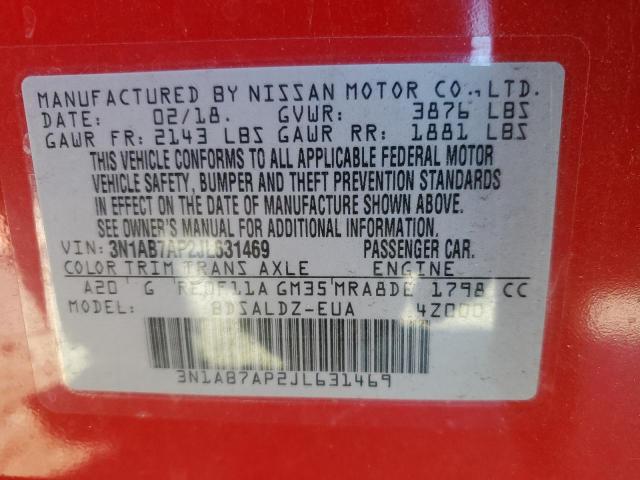 3N1AB7AP2JL631469 - 2018 NISSAN SENTRA S RED photo 12