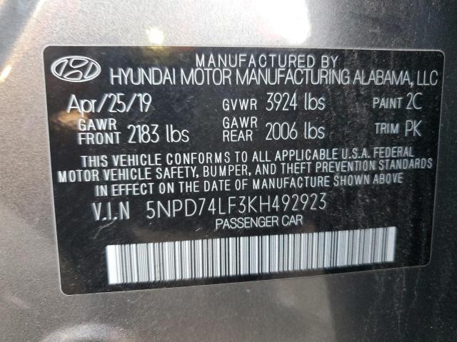 5NPD74LF3KH492923 - 2019 HYUNDAI ELANTRA SE GRAY photo 12