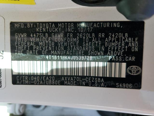 4T1B11HK4JU539728 - 2018 TOYOTA CAMRY L WHITE photo 13