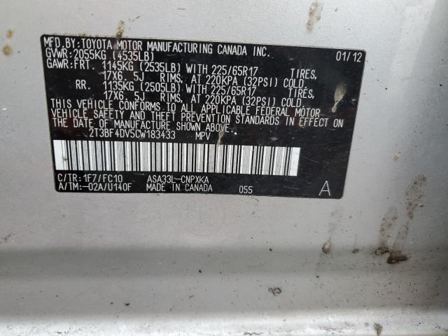 2T3BF4DV5CW183433 - 2012 TOYOTA RAV4 SILVER photo 14