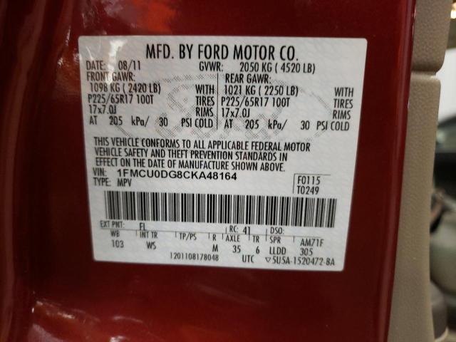 1FMCU0DG8CKA48164 - 2012 FORD ESCAPE XLT RED photo 13