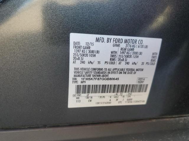 1FM5K7F87GGB80645 - 2016 FORD EXPLORER LIMITED GRAY photo 13