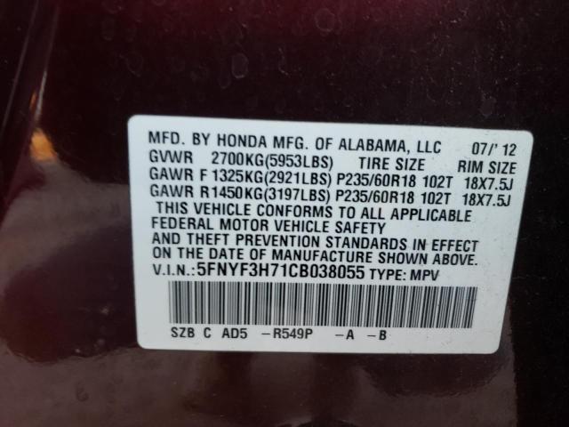 5FNYF3H71CB038055 - 2012 HONDA PILOT EXLN BURGUNDY photo 12