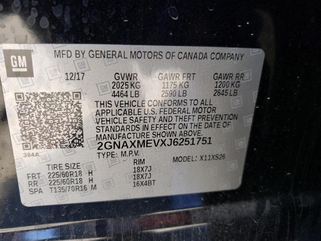 2GNAXMEVXJ6251751 - 2018 CHEVROLET EQUINOX PREMIER BLACK photo 13