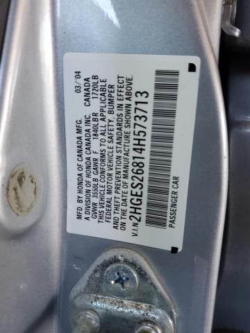 2HGES26814H573713 - 2004 HONDA CIVIC EX SILVER photo 12