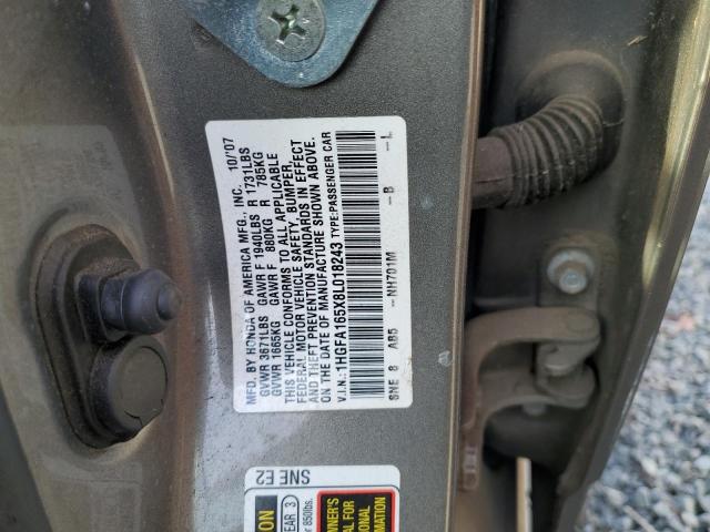 1HGFA165X8L018243 - 2008 HONDA CIVIC LX GRAY photo 12