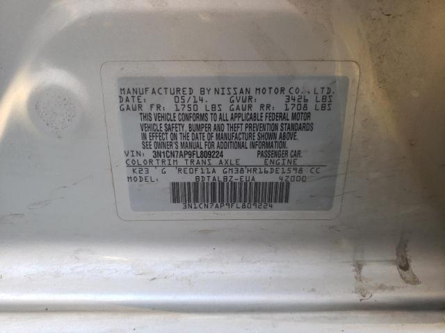 3N1CN7AP9FL809224 - 2015 NISSAN VERSA S SILVER photo 12