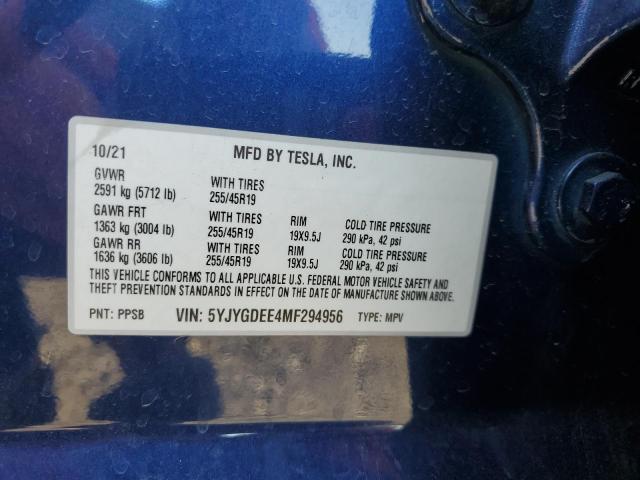 5YJYGDEE4MF294956 - 2021 TESLA MODEL Y BLUE photo 12