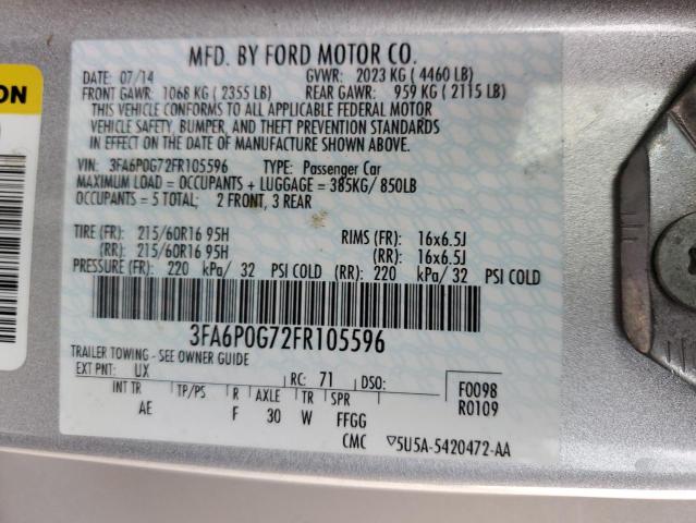 3FA6P0G72FR105596 - 2015 FORD FUSION S SILVER photo 12