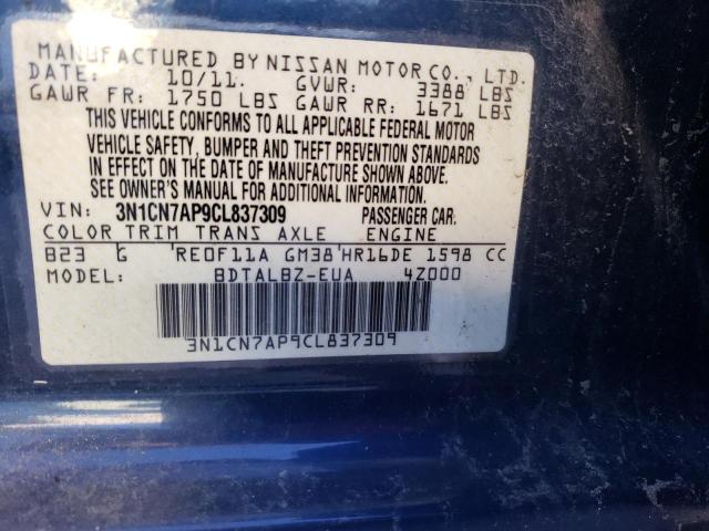 3N1CN7AP9CL837309 - 2012 NISSAN VERSA S BLUE photo 12