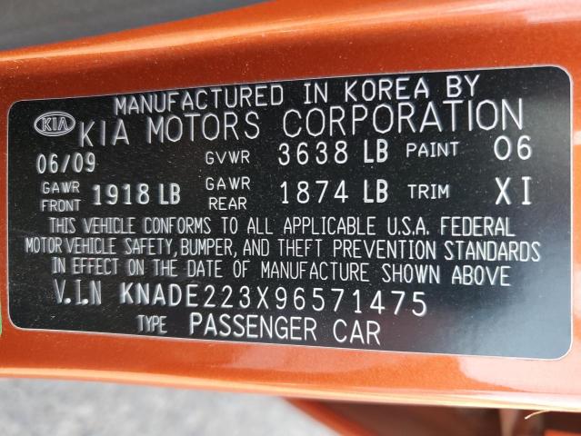 KNADE223X96571475 - 2009 KIA RIO BASE ORANGE photo 12