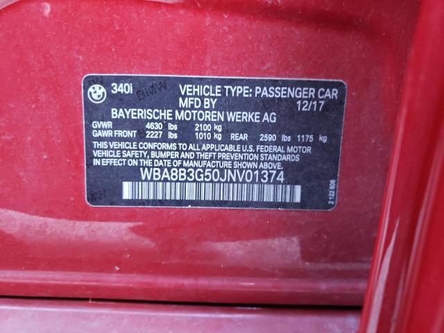 WBA8B3G50JNV01374 - 2018 BMW 340 I RED photo 12