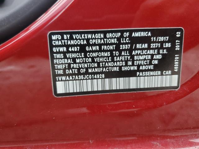 1VWAA7A35JC014928 - 2018 VOLKSWAGEN PASSAT S RED photo 12