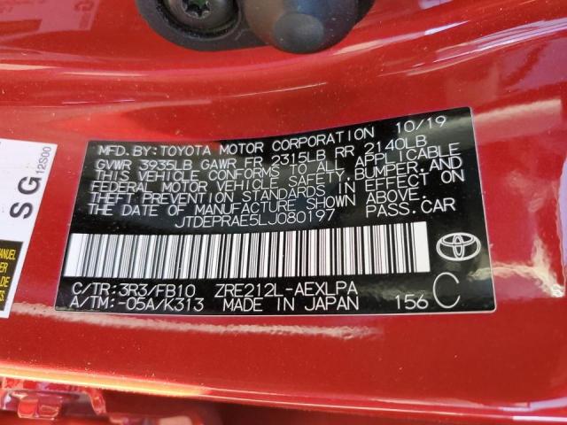 JTDEPRAE5LJ080197 - 2020 TOYOTA COROLLA LE RED photo 12