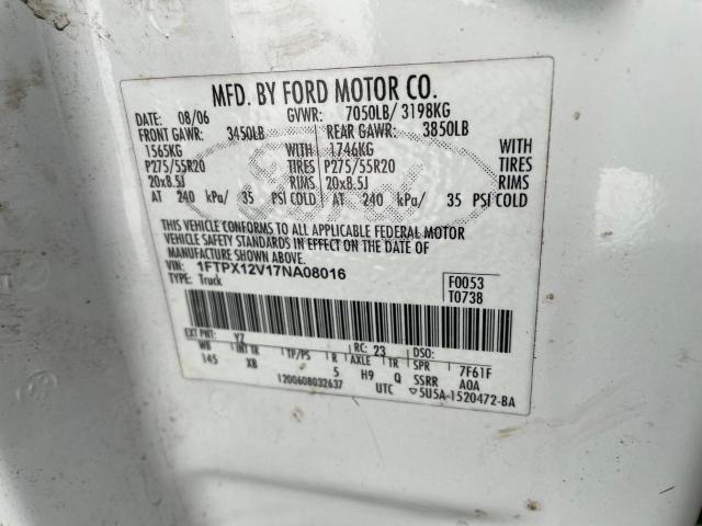 1FTPX12V17NA08016 - 2007 FORD F150 WHITE photo 10