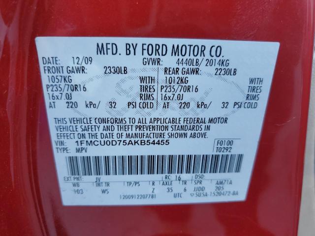 1FMCU0D75AKB54455 - 2010 FORD ESCAPE XLT BURGUNDY photo 13