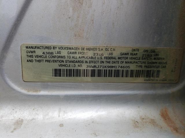 3VWRJ71K98M174605 - 2008 VOLKSWAGEN JETTA WOLFSBURG 银色 照片 12