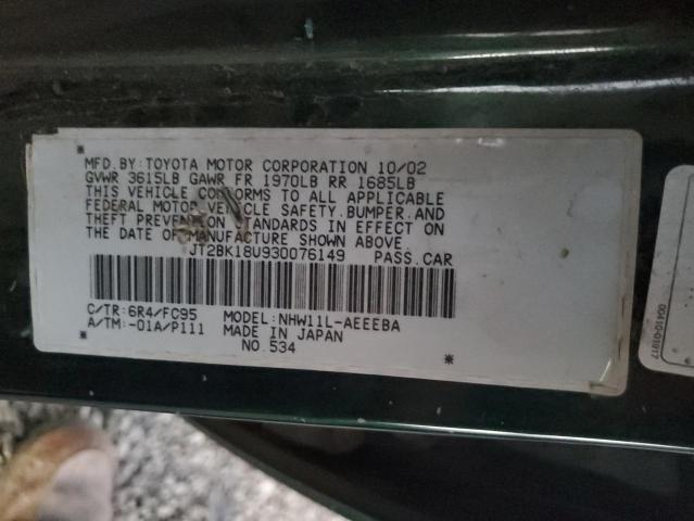 JT2BK18U930076149 - 2003 TOYOTA PRIUS GREEN photo 12