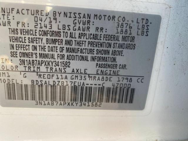 3N1AB7APXKY341582 - 2019 NISSAN SENTRA S WHITE photo 10