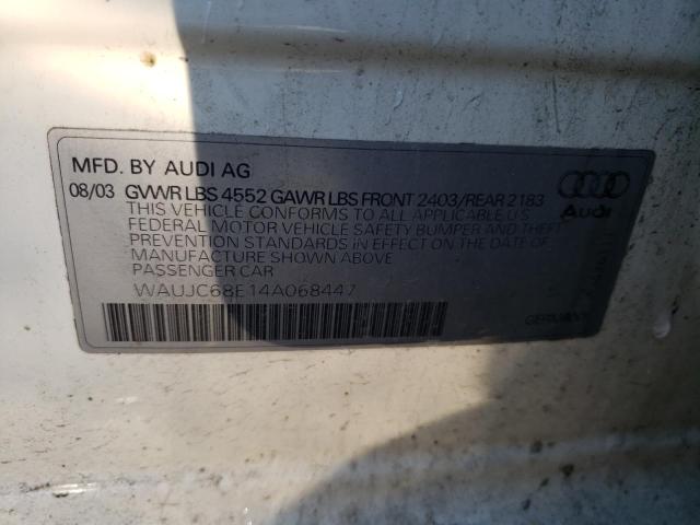 WAUJC68E14A068447 - 2004 AUDI A4 1.8T WHITE photo 12