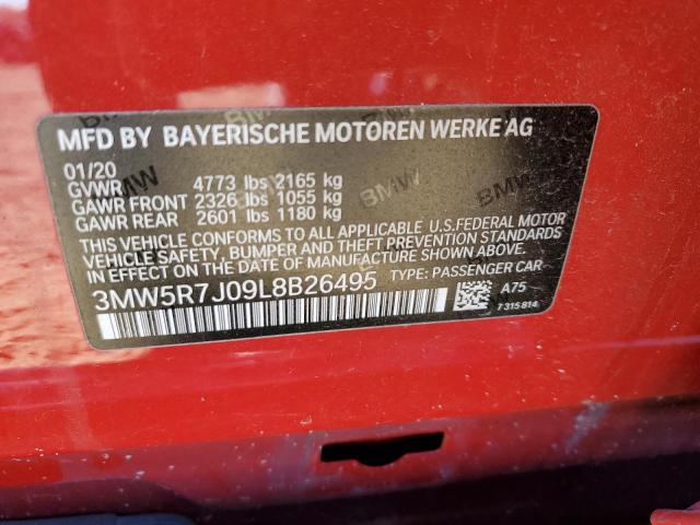 3MW5R7J09L8B26495 - 2020 BMW 330XI RED photo 12