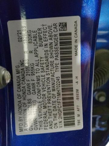 2HGFC1F71MH702245 - 2021 HONDA CIVIC EXL BLUE photo 12