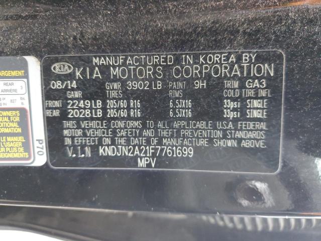 KNDJN2A21F7761699 - 2015 KIA SOUL BLACK photo 12