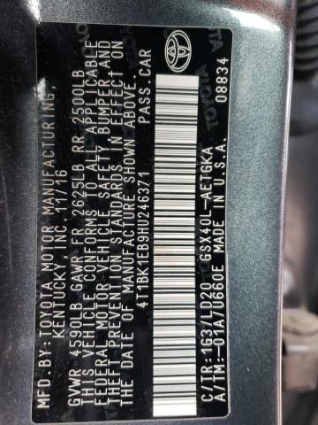 4T1BK1EB9HU246371 - 2017 TOYOTA AVALON XLE GRAY photo 12