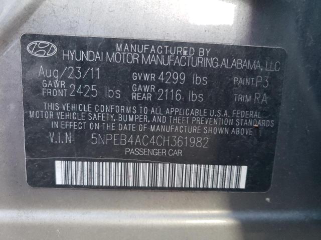 5NPEB4AC4CH361982 - 2012 HYUNDAI SONATA GLS GRAY photo 12