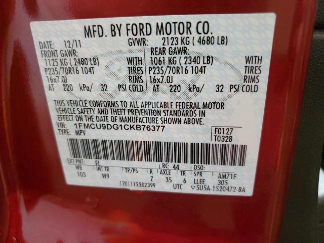 1FMCU9DG1CKB76377 - 2012 FORD ESCAPE XLT BURGUNDY photo 14