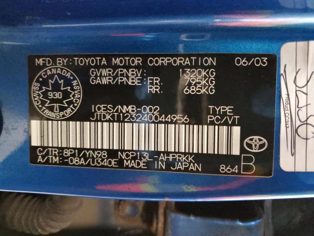 JTDKT123240044956 - 2004 TOYOTA ECHO BLUE photo 12