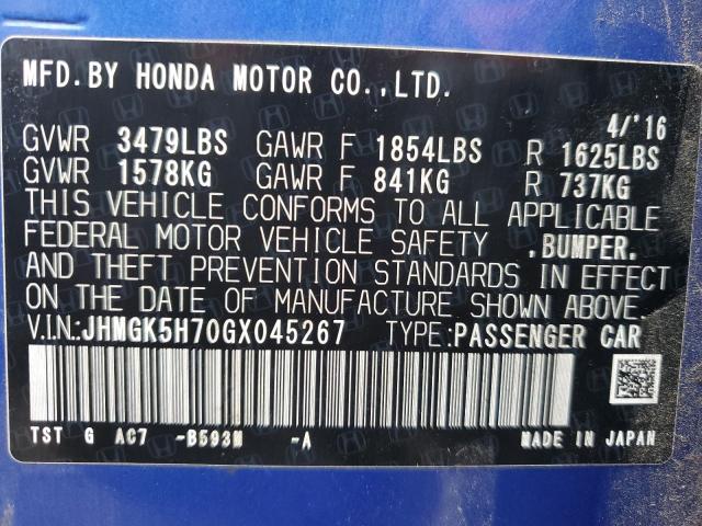 JHMGK5H70GX045267 - 2016 HONDA FIT EX BLUE photo 13