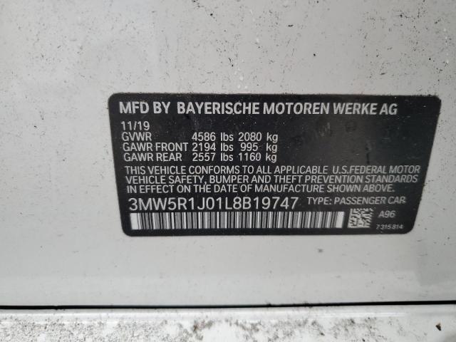 3MW5R1J01L8B19747 - 2020 BMW 330I WHITE photo 12