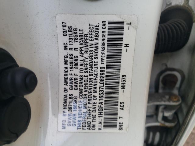 1HGFA16537L082980 - 2007 HONDA CIVIC LX WHITE photo 12