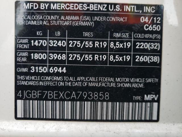 4JGBF7BEXCA793858 - 2012 MERCEDES-BENZ GL 450 4MATIC WHITE photo 13