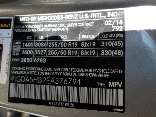 4JGDA5HB2EA376794 - 2014 MERCEDES-BENZ ML 350 4MATIC GRAY photo 14
