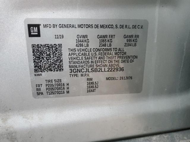 3GNCJLSB2LL222936 - 2020 CHEVROLET TRAX 1LT SILVER photo 13