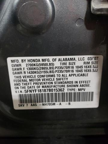 5FNYF18187B015362 - 2007 HONDA PILOT LX GRAY photo 13