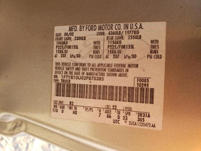 1FTYR10U02PB70385 - 2002 FORD RANGER GOLD photo 12